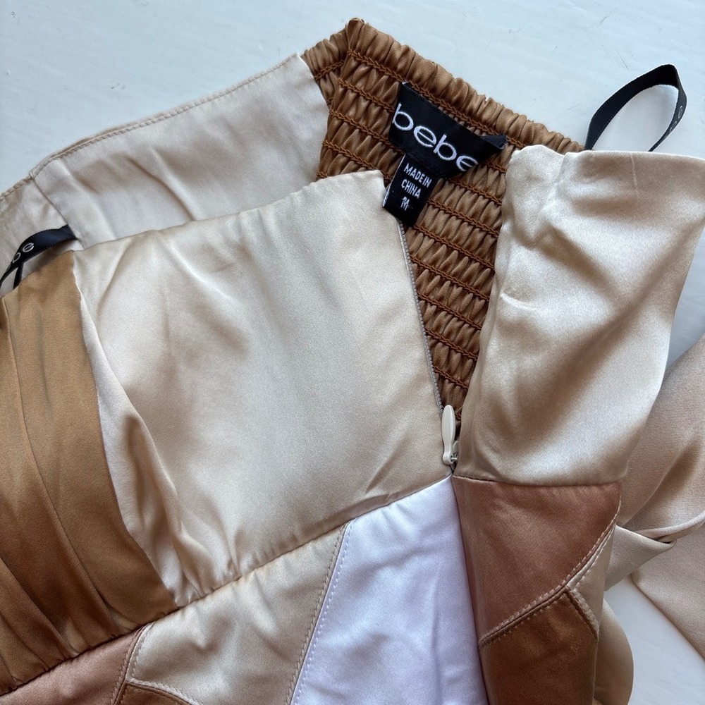 Vintage Y2K Bebe M Silk Strapless Babydoll Tube Top Colorblock Patch Smocked Tie - Picture 4 of 8
